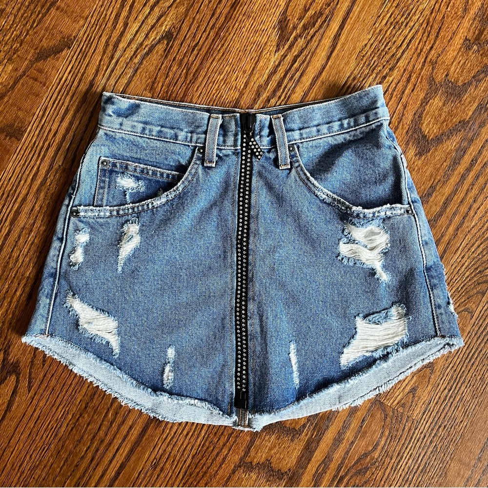 Carmar Los Angeles Denim full Zip Front Distressed Mini Skirt